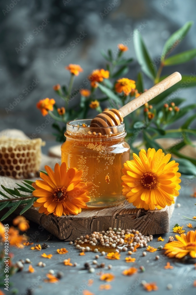 A jar of honey and flowers on a table, perfect for kitchen or nature-themed designs A jar of honey and flowers on a table, perfect for kitchen or nature-themed designs