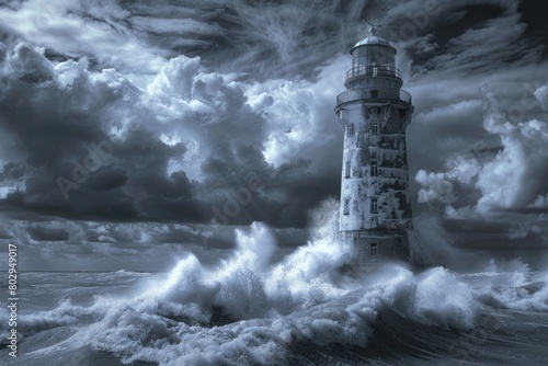 A striking black and white photo of a lighthouse standing tall in the vast ocean. Perfect for maritime themes