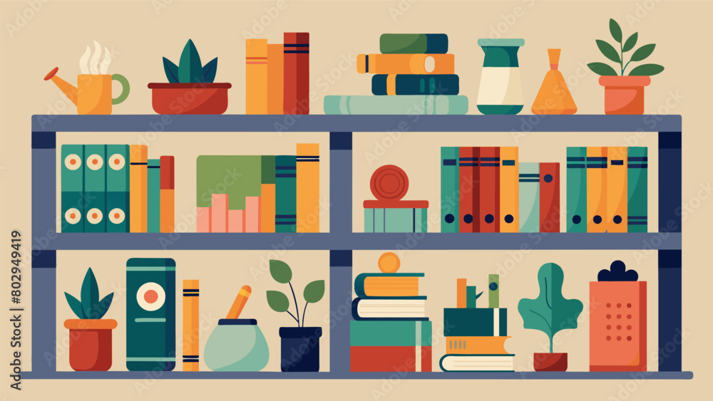 Shelves lined with assorted books knickknacks and locally made crafts.. Vector illustration Shelves lined with assorted books knickknacks and locally made crafts.. Vector illustration