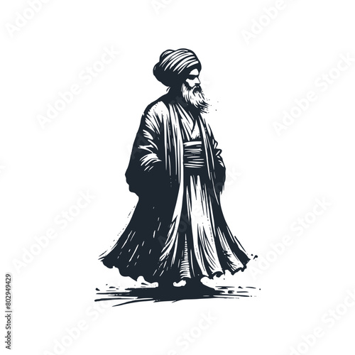 The old Islamic scholar. Black white vector logo illustration.	 photo