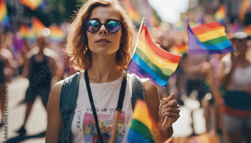 portrait of a women, Among the streets, hundreds of people march with LGBTQ flags in the pride paradise 