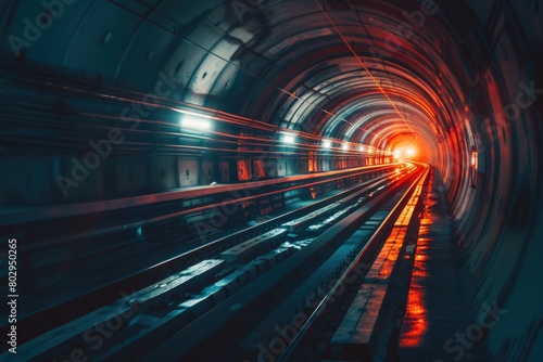 A train moving through a lighted tunnel  suitable for transportation themes