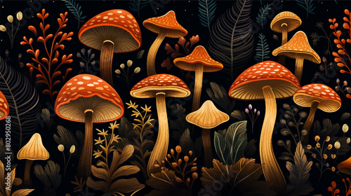 Autumn set with seamless pattern and a collection with seasonal elements, different mushrooms and plants illustration