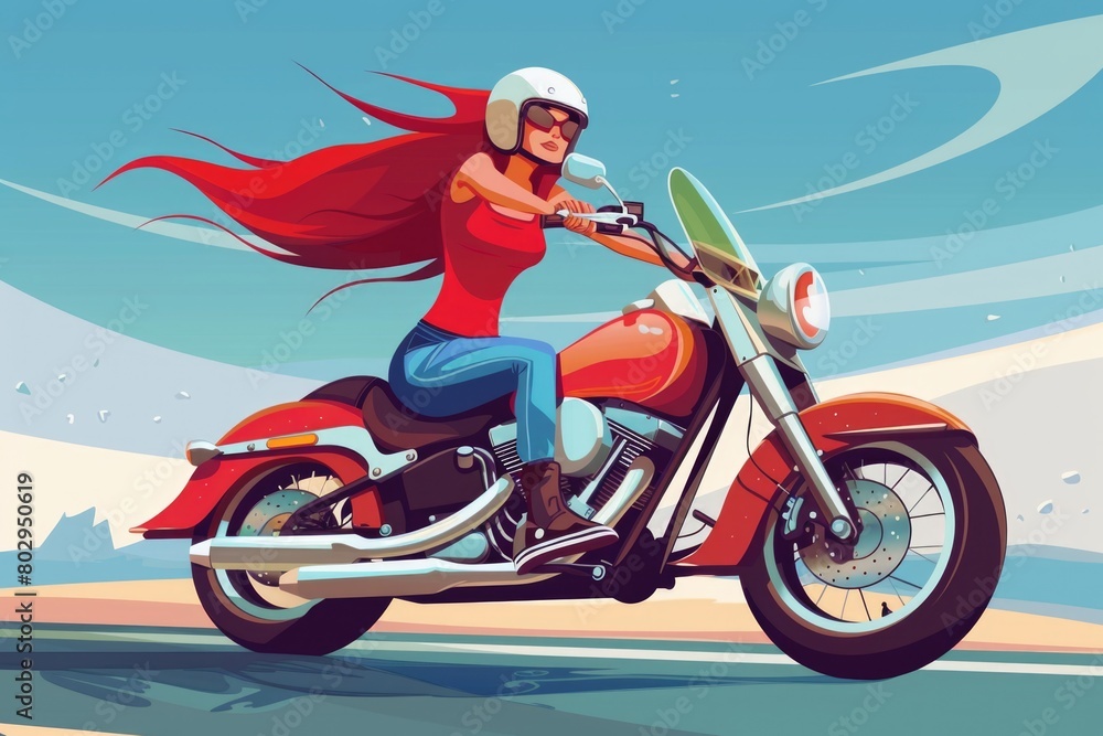 Woman riding a red motorcycle on a scenic road. Perfect for travel or adventure concepts