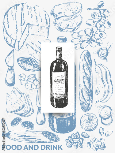 Vector wine illustration. Wine bottle, glass, snack, cork, corkscrew, grape, cheese, bread.
