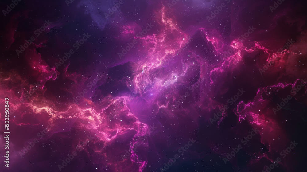 Expansive digital artwork of a purple nebula in space with a starry background