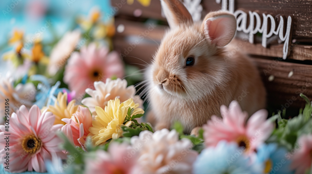 A cute bunny surrounded by pastel-colored flowers, with 