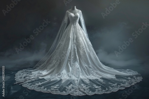 A white wedding dress displayed on a mannequin stand. Ideal for bridal shops and fashion designers