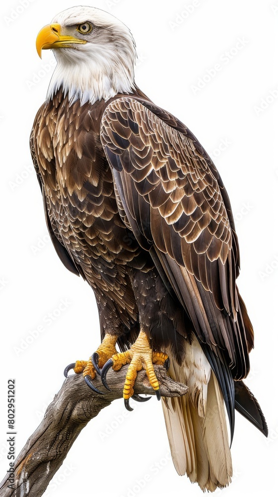 Obraz premium A perched bald eagle scanning for fish over a large lake, The background will be pure white, facilitating easy background removal for further use