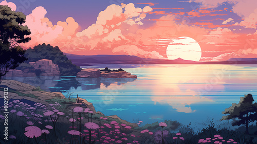 Sunset casts pink hue over tranquil sea 2D cartoon illustration. Peaceful horizon pinkish clouds lofi wallpaper background lo-fi art. Coastal flora seascape flat image cozy chill vibe