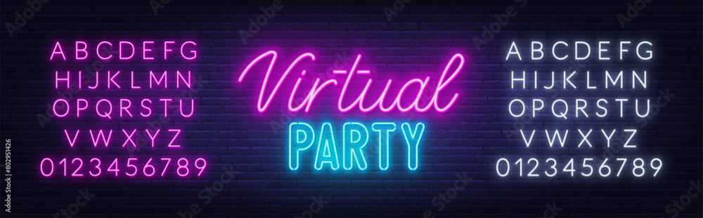 Virtual Party Neon Sign on brick wall background.