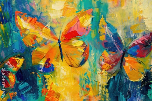 A vibrant painting of colorful butterflies. Perfect for nature lovers and interior decoration