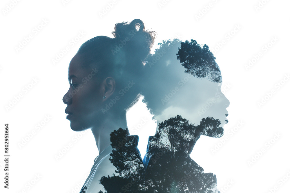 Silhouettes of a young man and woman in double exposure on a transparent background