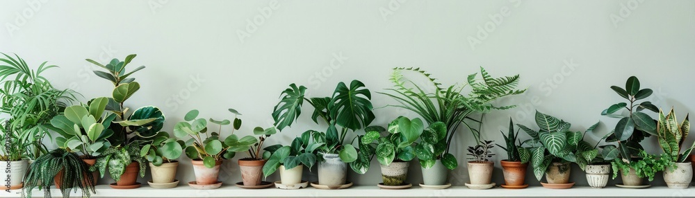 A collection of potted plants arranged to highlight their varied forms and vibrant greenery in a natural setting