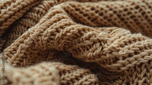 Close-up of chunky beige woolen knitwear texture