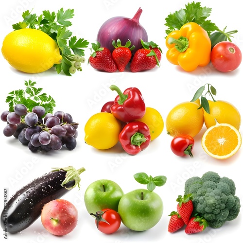 Wholesome Harvest A Stunning Assortment of Fruits and Vegetables Captured on a Crisp White Canvas 
