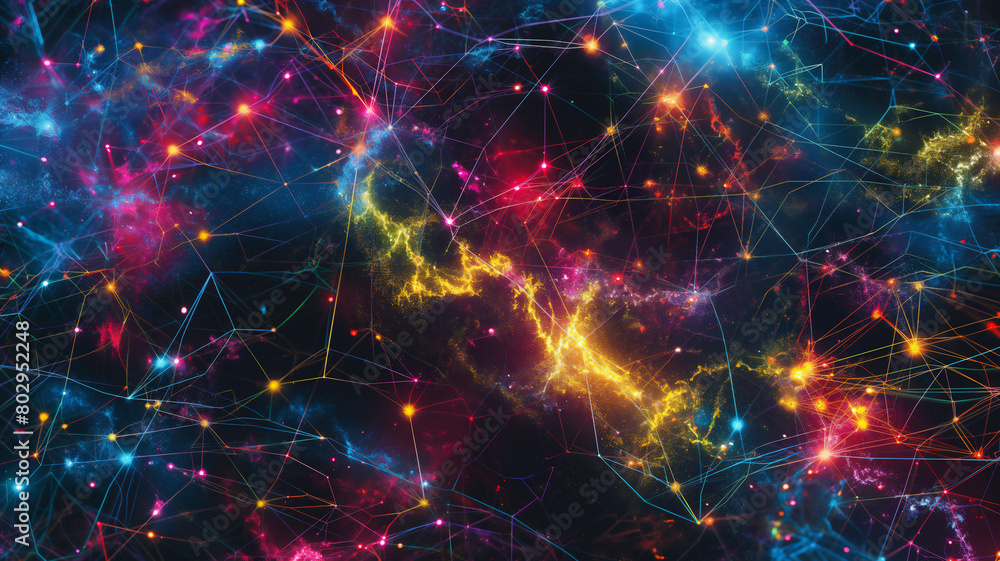 Vivid digital representation of a cosmic network with interconnected lines and bright stars, depicting a complex and dynamic universe.