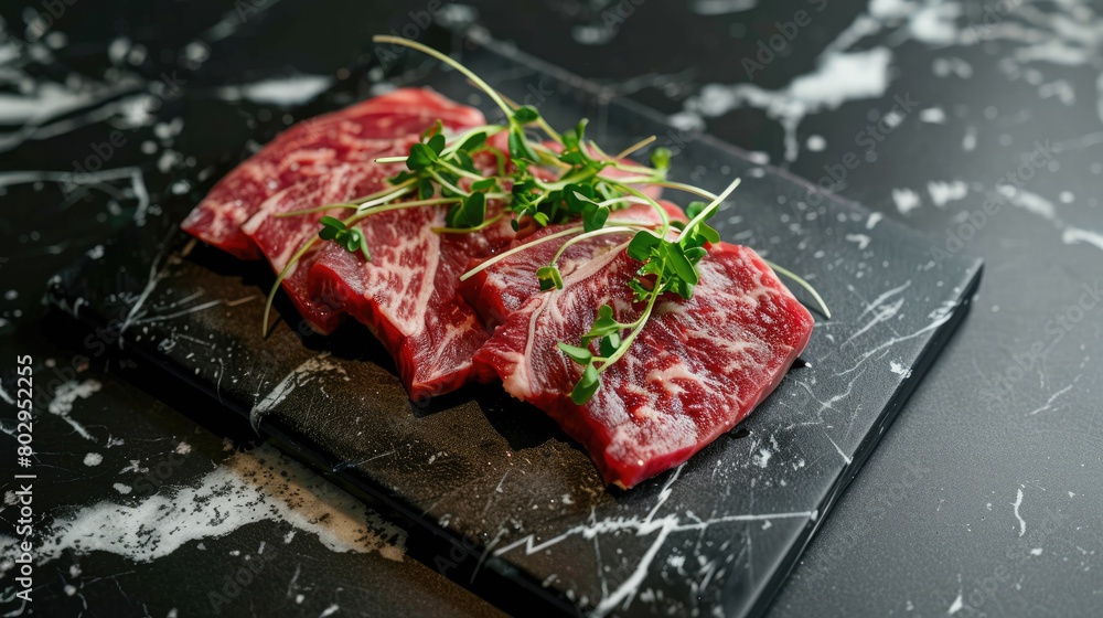 Appetizing cuts of fresh marbled beef with sprigs of microgreens on a tray on the table. Raw steak close up photo shot