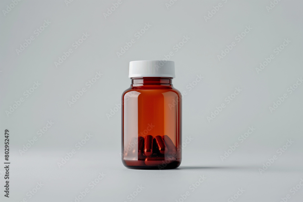 a brown jar with a white lid with pills on a gray background a brown jar with a white lid with pills on a gray background
