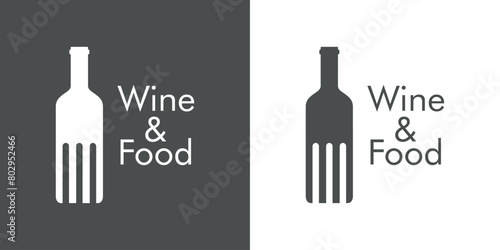 Logo restaurante. Silueta de botella de vino con forma de tenedor con texto Wine and Food