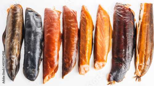 Various smoked fish in a row, white background. Seafood assortment, menu. AI generated.