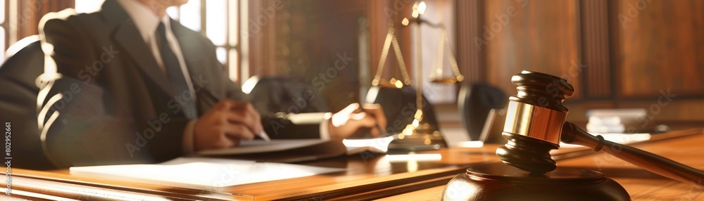 A lawyer consulting notes in a courtroom, a gavel in the foreground symbolizing the impending delivery of justice A lawyer consulting notes in a courtroom, a gavel in the foreground symbolizing the impending delivery of justice