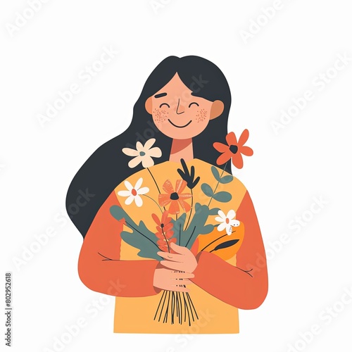 Woman carrying flowers, with a smiling face, in the style of a flat illustration style, on a white background, with a simple design, as a full body portrait, using simple lines.