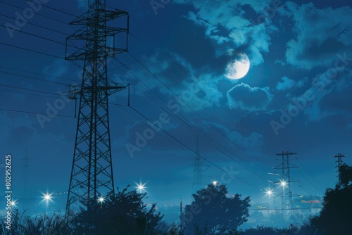 Full moon shining behind electrical wires, suitable for science or technology concepts