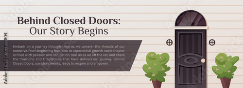 Vector design horizontal cartoon advertising banner, illustration of home entrance door on the wall of a residential building, street decorative bushes with flowers.
