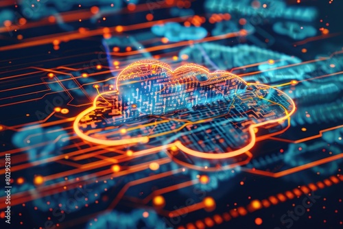 A computer circuit with a glowing cloud above it. Suitable for technology concepts