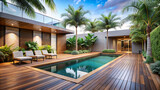 Modern style outdoor pool area with wooden deck and tropical plants surrounding the patio area