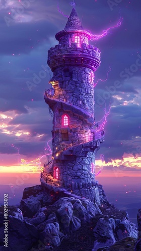 A mystical pastel wizard s tower with swirling turrets and magical windows internal glow from magical artifacts set against a twilight sky surfaces are rough stone with glowing acc