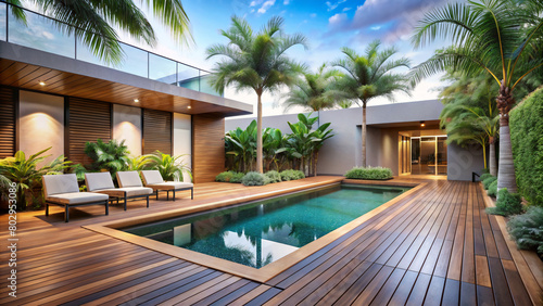 Modern style outdoor pool area with wooden deck and tropical plants surrounding the patio area photo