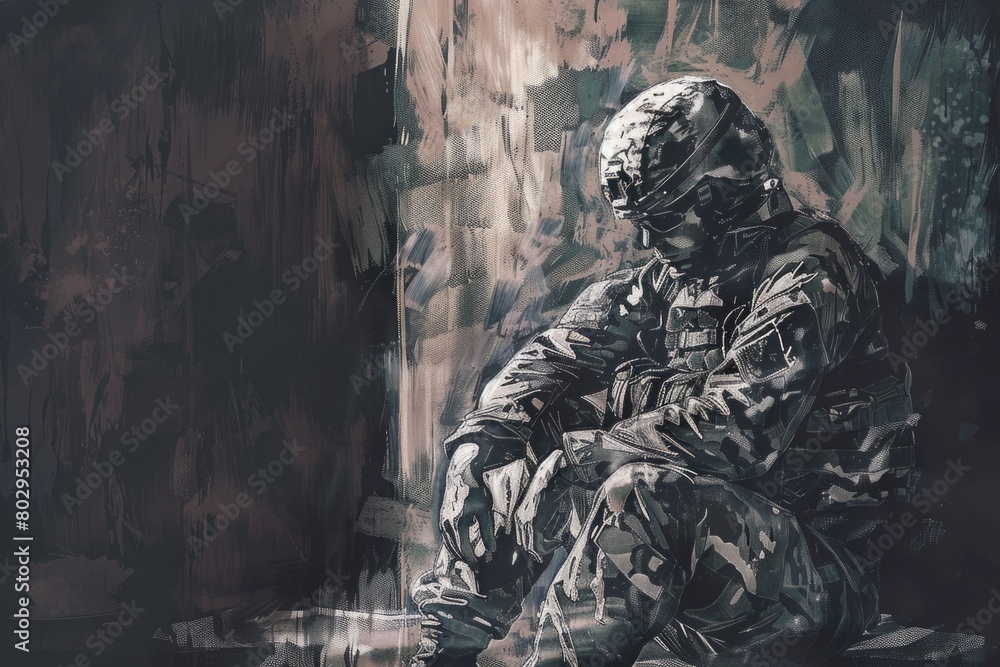 A painting of a soldier sitting on the ground. Suitable for military or historical themes A painting of a soldier sitting on the ground. Suitable for military or historical themes