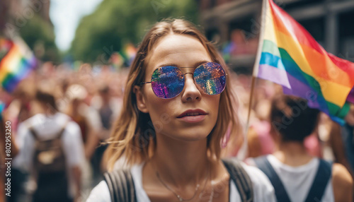 portrait of a women, Among the streets, hundreds of people march with LGBTQ flags in the pride paradise
 photo