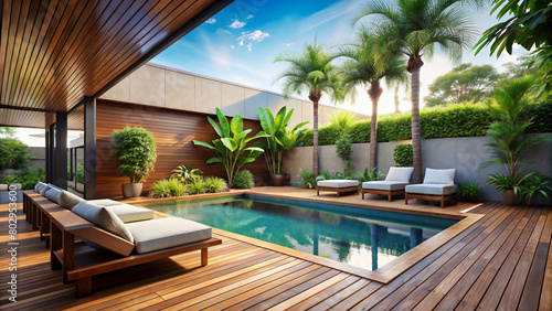 Modern style outdoor pool area with wooden deck and tropical plants surrounding the patio area