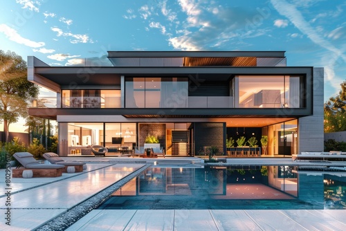 A modern house with a pool in the front, suitable for real estate or vacation concepts photo