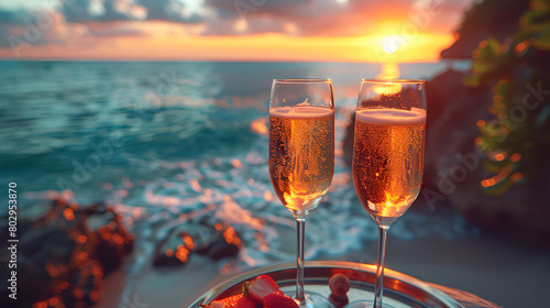 Champagne glasses on a beach tray at sunset. Romantic getaway and luxury vacation concept. Design for travel brochure, romantic holiday poster