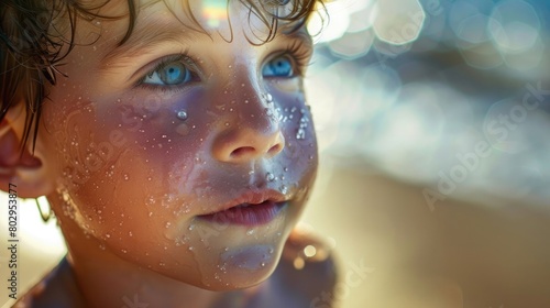 Close-up portrait of a young child with sunscreen on face