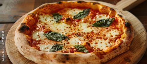 Pizza Margherita placed on a wooden surface