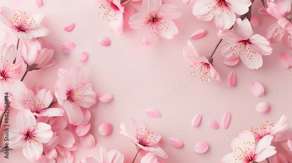 illustration with copy space, pink Sakura flower tree branch on pastel background