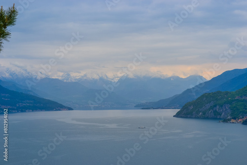 Landscape of Lake Como with views of the lake surface and majestic mountains