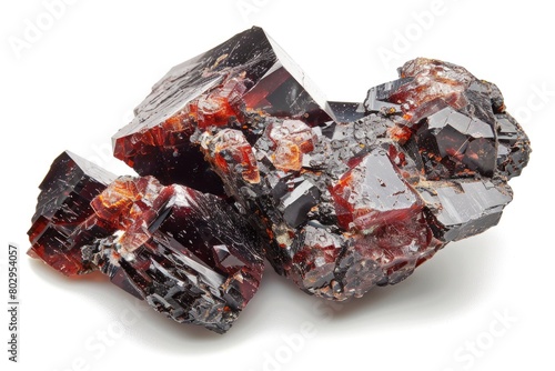Group of red and black crystals on white background. Suitable for geology or crystal healing concepts