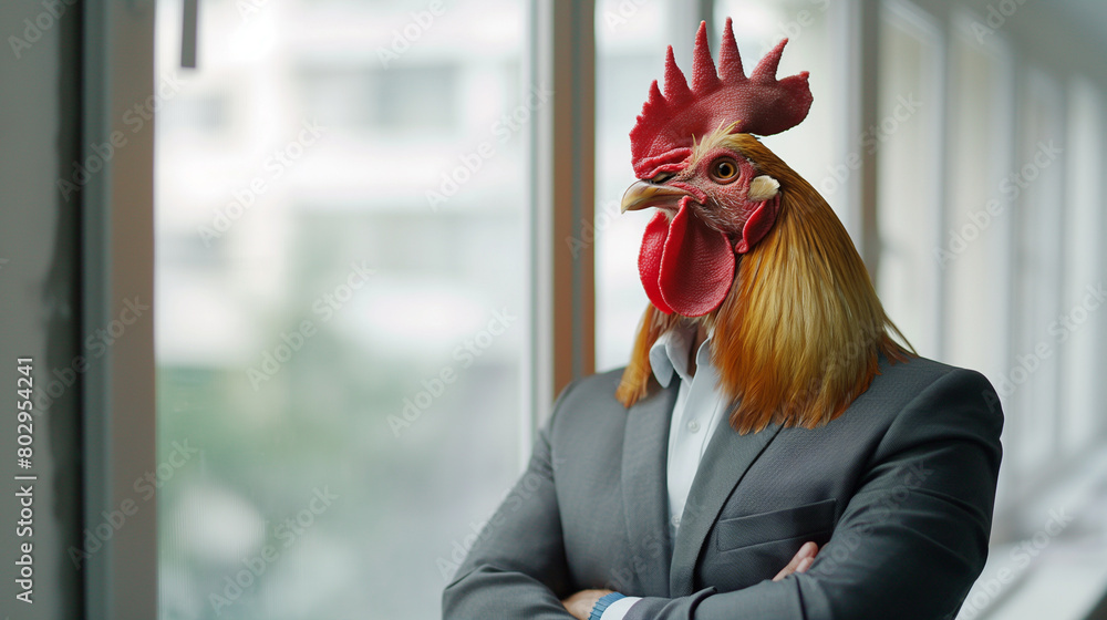Rooster in a business suit, office environment.