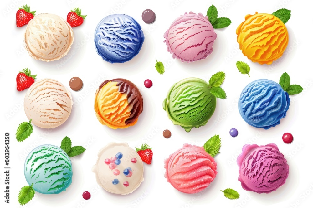 Assorted flavors of ice cream on a plain white background. Ideal for summer menus or dessert promotions Assorted flavors of ice cream on a plain white background. Ideal for summer menus or dessert promotions