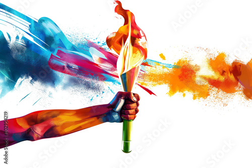 Hand with colourful burning torch isolated on transparent background. Victory sport concept.