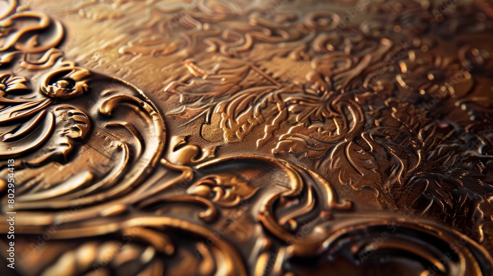 Close-up image of a decorative bronze finish on a piece of furniture, highlighting the intricate embossed patterns and the rich, warm glow of the metal Close-up image of a decorative bronze finish on a piece of furniture, highlighting the intricate embossed patterns and the rich, warm glow of the metal
