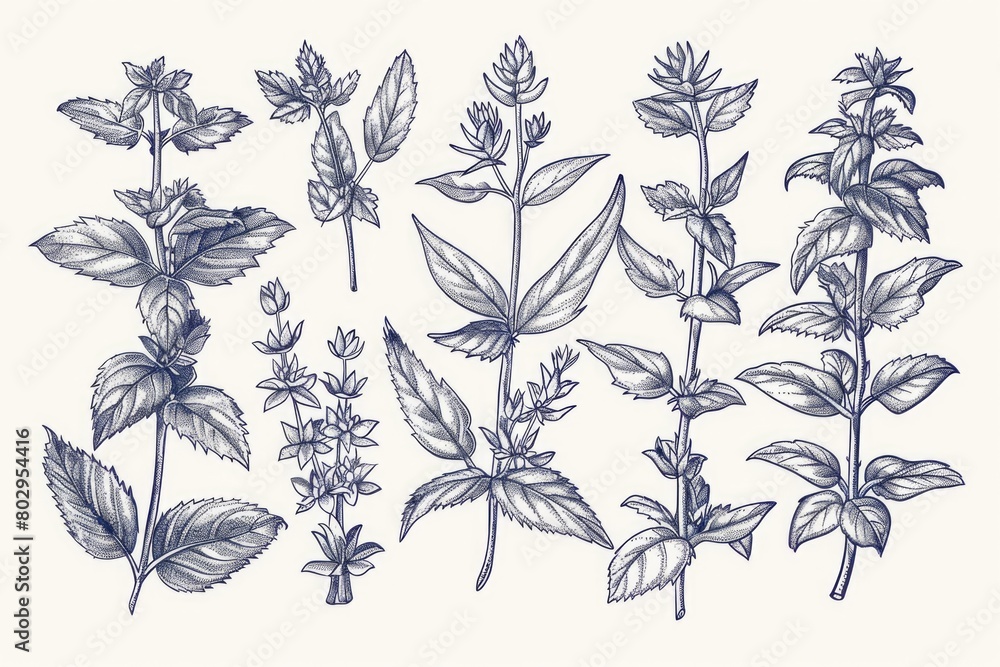 Collection of different plants on a plain white backdrop. Ideal for botanical presentations