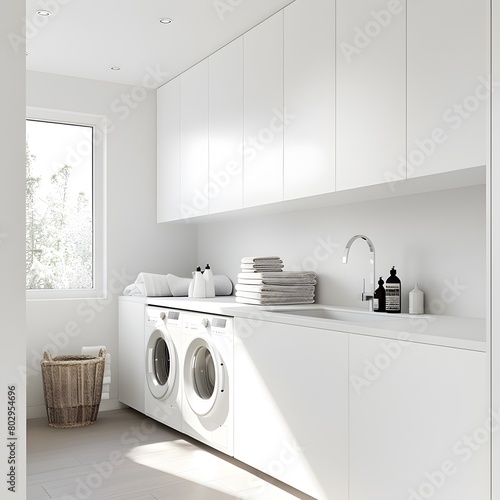 Minimal and Serene Laundry Room Design with Hidden Storage Solutions and Integrated Appliances © Tanakorn