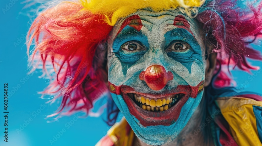 Clown with wild and colorful hair and a big smile on a blue background